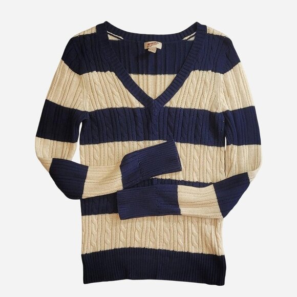 Arizona Jean Company Sweaters - Arizona V Neck Large Navy and Cream Striped Sweater